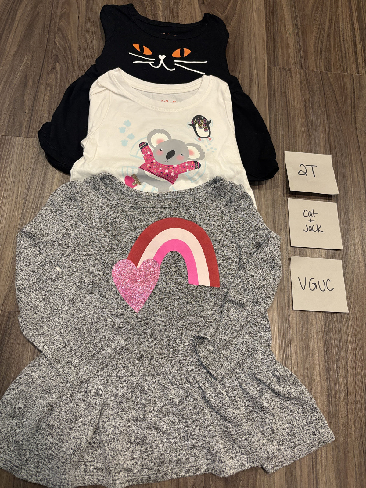 #138 - 2T Cat & Jack VGUC (3) LS Shirts (black cat, koala, heart)