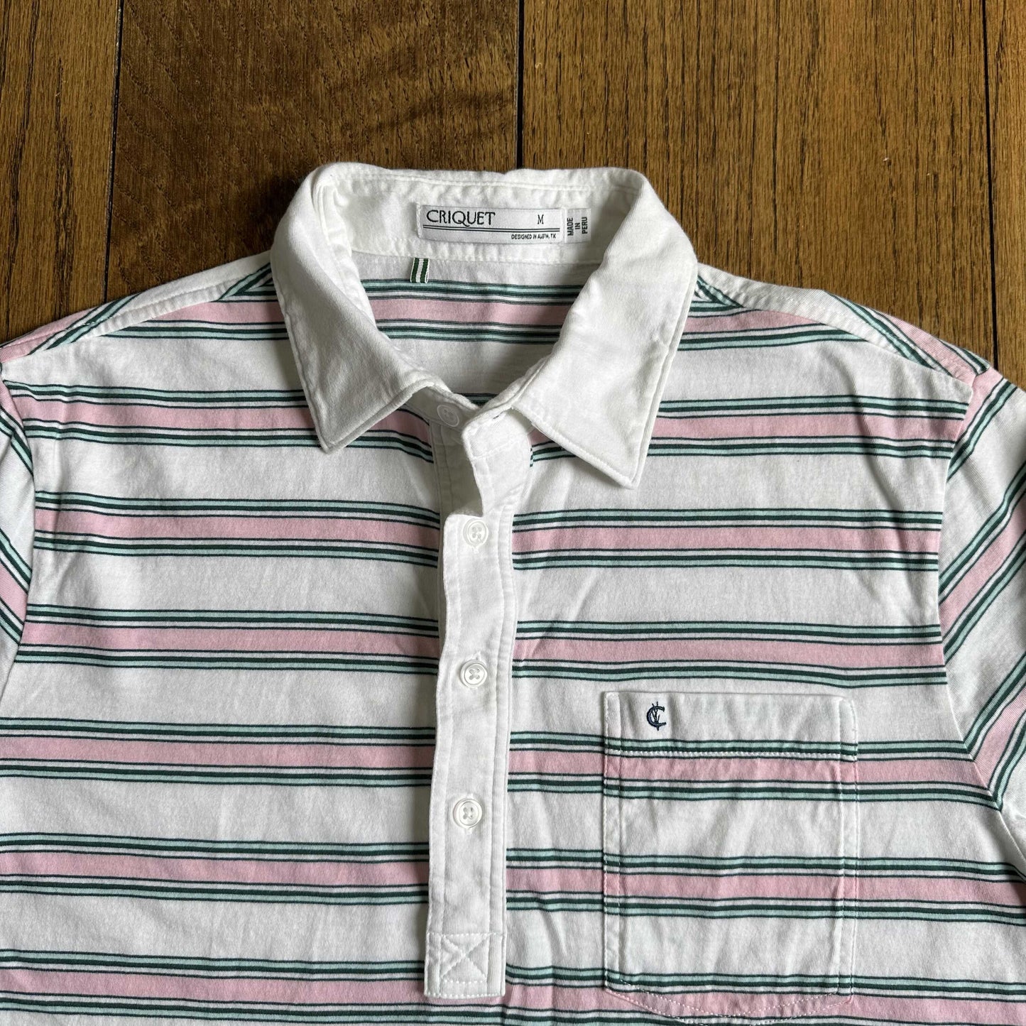 #95 EUC Men's Criquet Pink and White Striped Golf Polo, size M