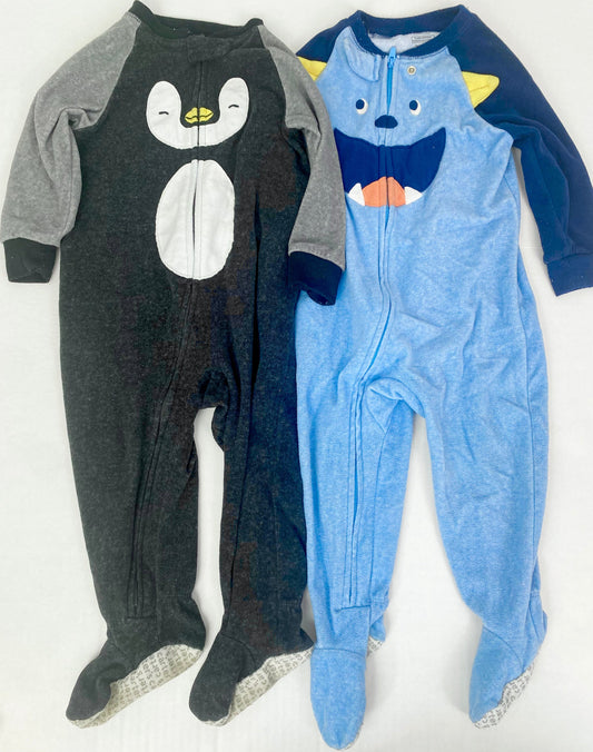 18 months Pair of Carters fleece zip footed PJ sleepers Penguin & Monster-Charcoal & Blue