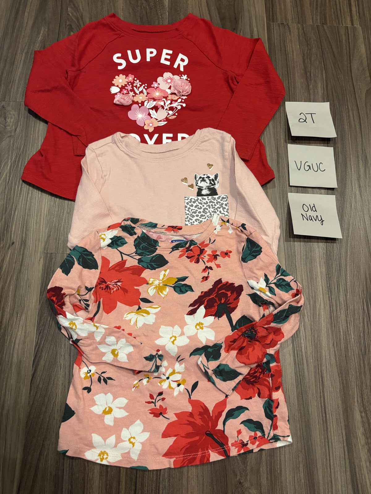 #138 - 2T VGUC (3) Old Navy LS Shirts (Red, pink cat, Floral)