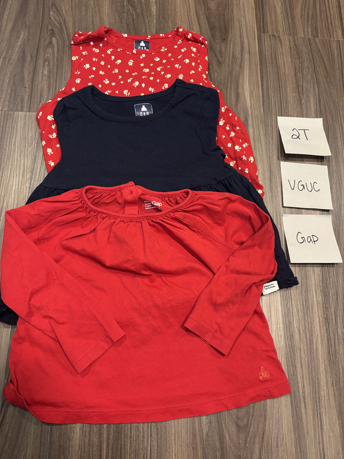 #138 - 2T VGUC (3) LS Gap Tshirts (Red, black, red patterned)