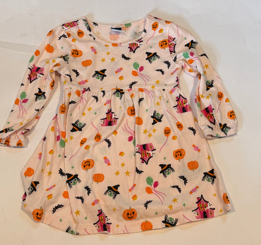 #170 Old Navy pink Halloween dress with witches, jack o lantern and haunted house girls 18-24 months