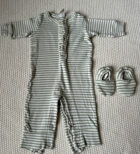 #93 Kate Quinn Green Striped Jumpsuit with Booties 3-6M