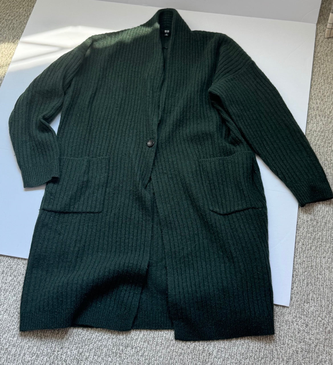#82 Uniqlo Green Ribbed Long Cardigan (Wool) Women Size M
