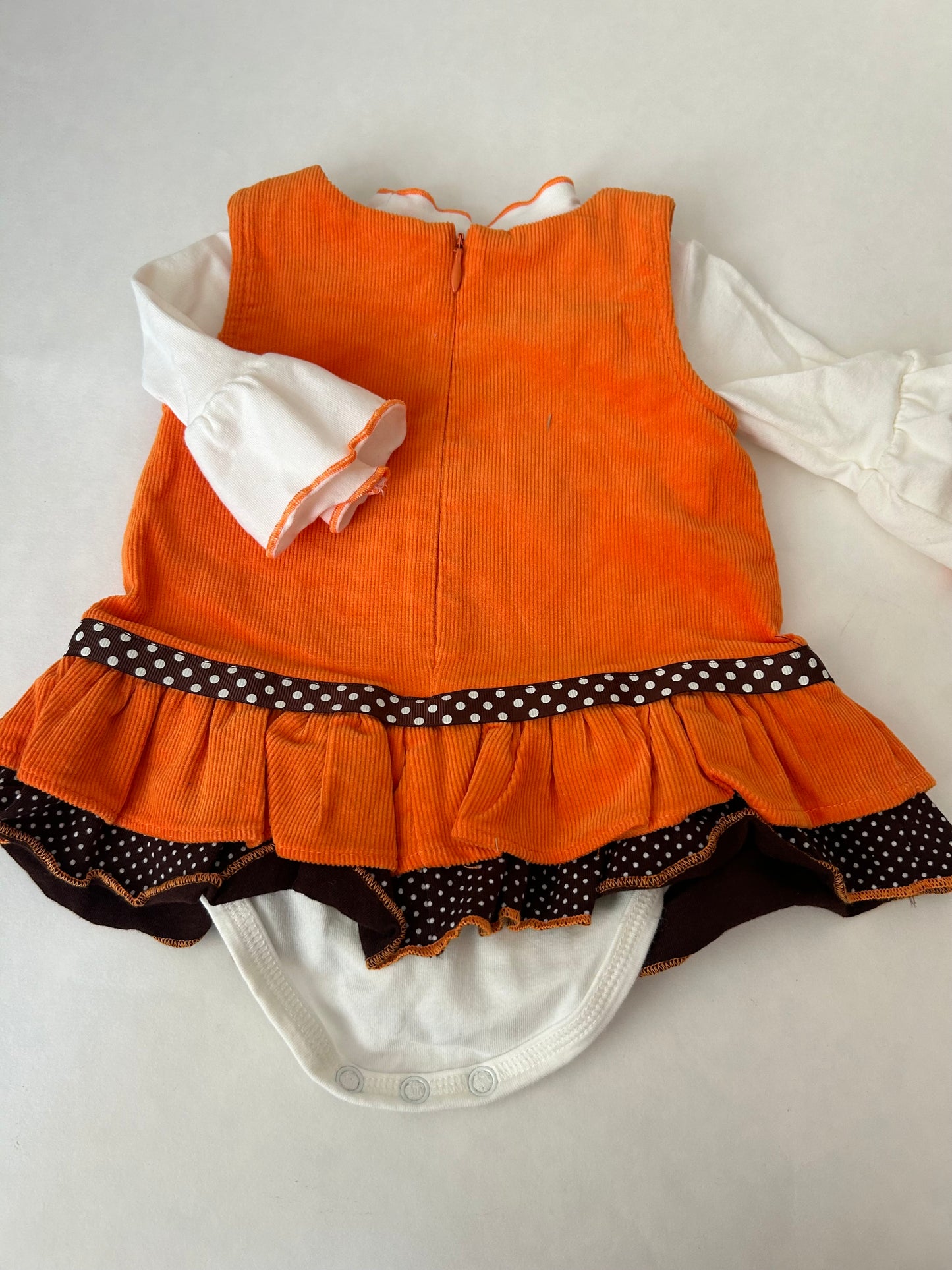 45242  Girls 3-6 months  Bonnie Baby Thanksgiving turkey orange corduroy dress