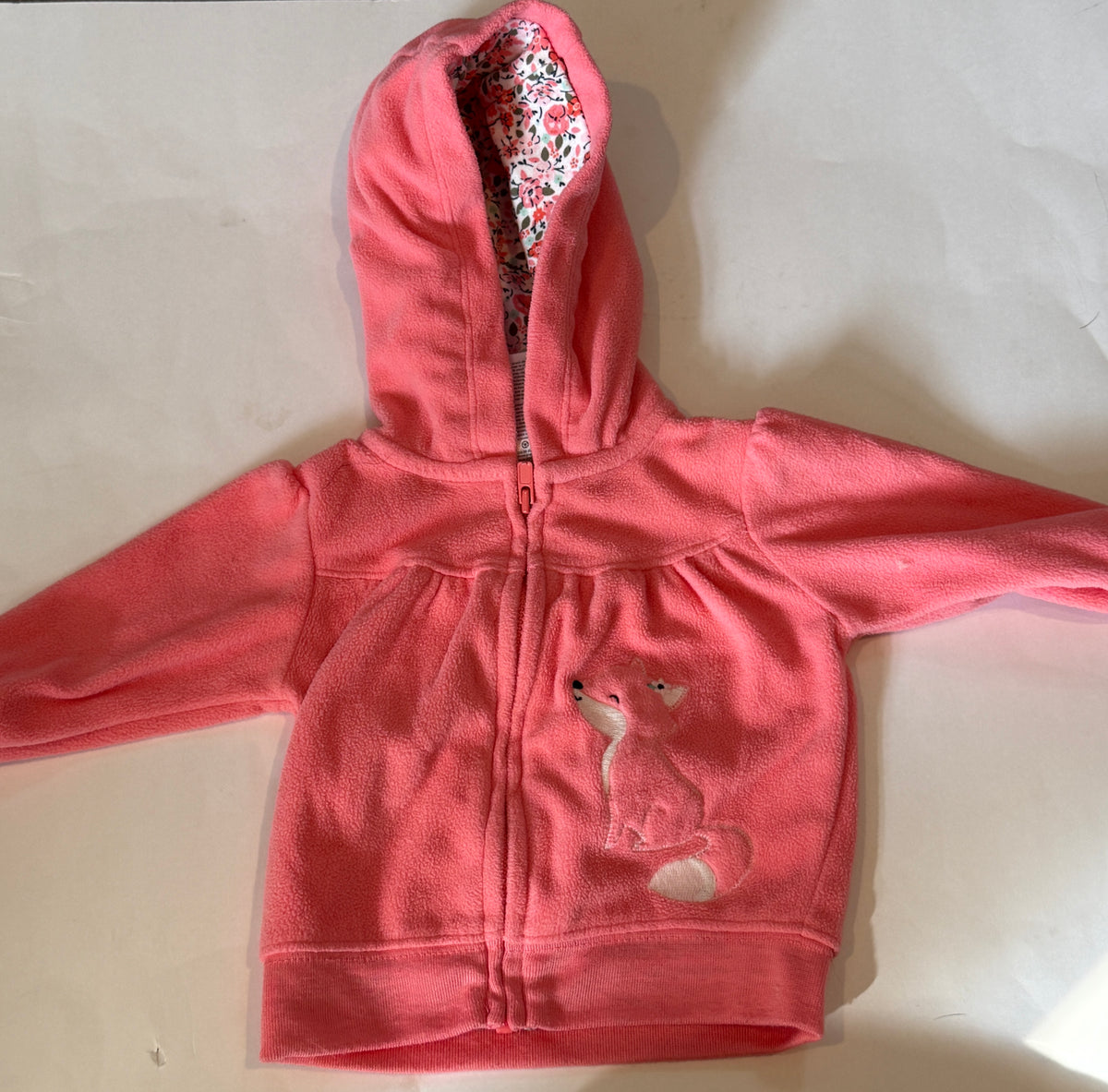 #170 Carters coral fleece zip up jacket with cute fox and floral lining girls 3 months