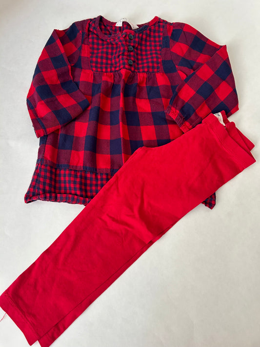 45242 Girls 3T off brand red/navy plaid tunic and red leggings