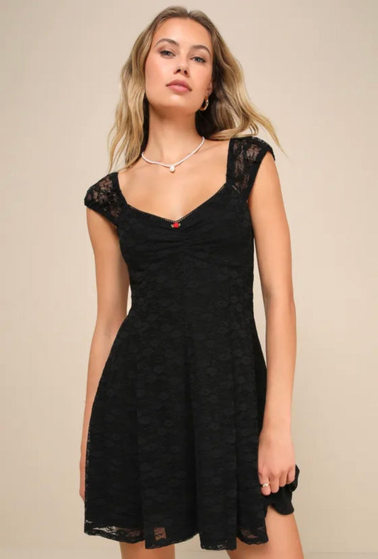 #132 - REDUCED - Lulus: Women's Black Floral Lace Rosette Cap Sleeve Mini Dress, Size S - NWT