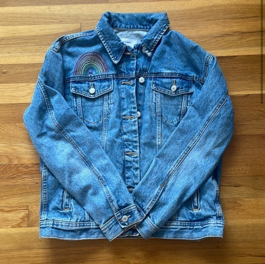 #116 Old Navy Jean Jacket Womens Small Boyfriend Fit Rainbow Embroidered