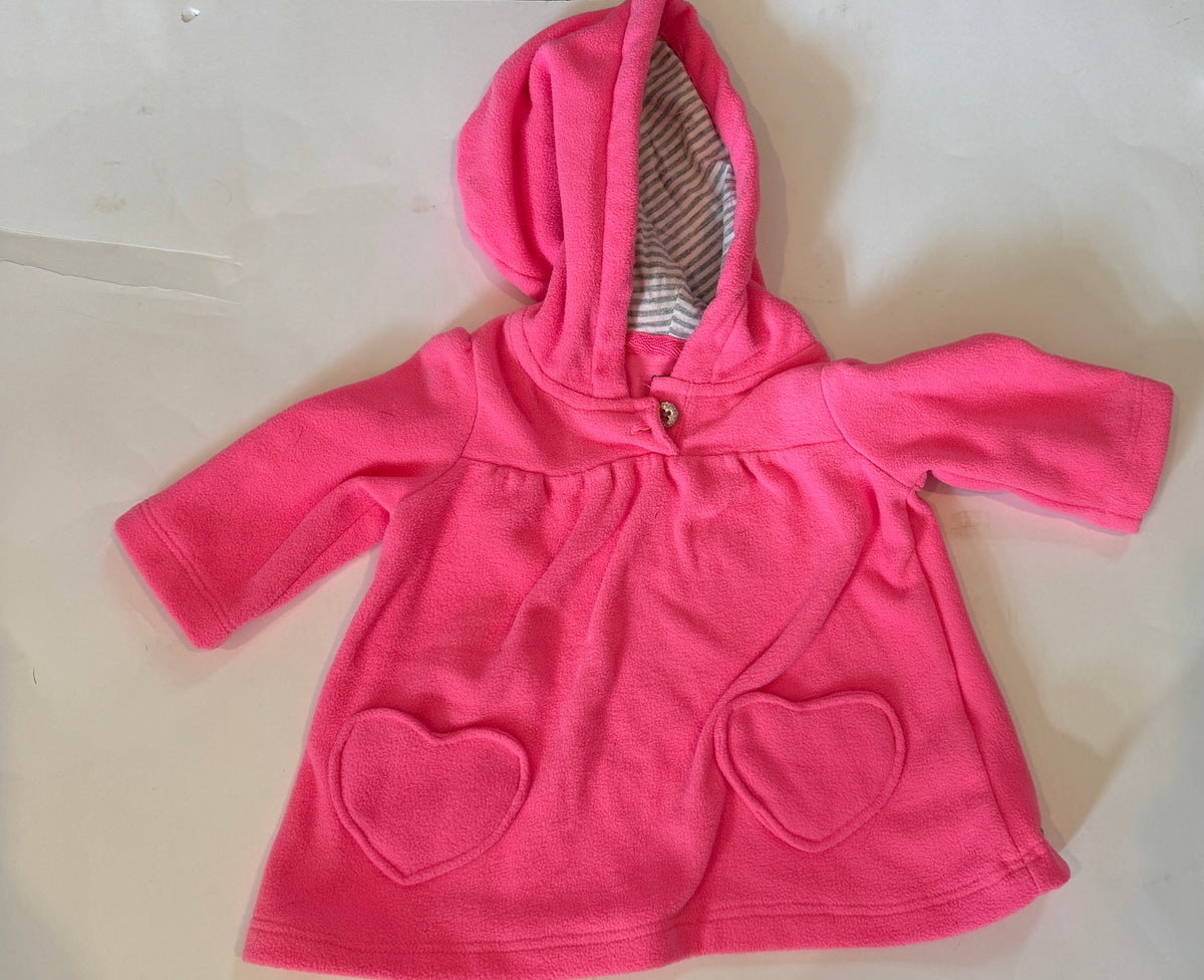 #170 Carters pink pullover fleece hooded sweatshirt with head pockets and sparkly button at neck girls 3 months