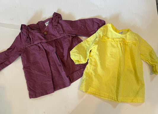 #170 Carters shirt bundle (2)— yellow textured shirt with ruffles and purple textured lace shirt with button girls 3 months
