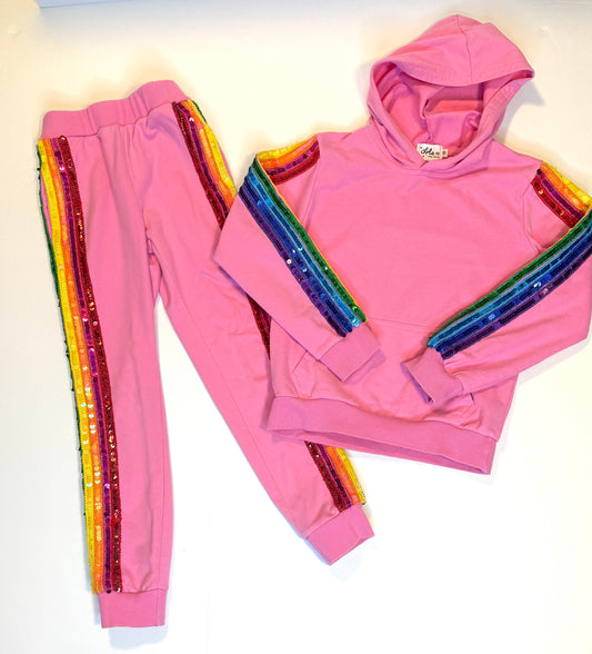 155 Girls Size 10 Lola and the Boys Pink Rainbow Sequin Track Suit EUC
