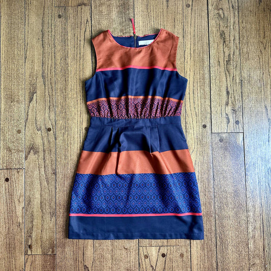 #95 EUC Women's Loft Navy and Orange Striped Dress, size 4 petite
