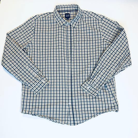 155 Men's GAP XXL Tan and Navy Check Button Up EUC