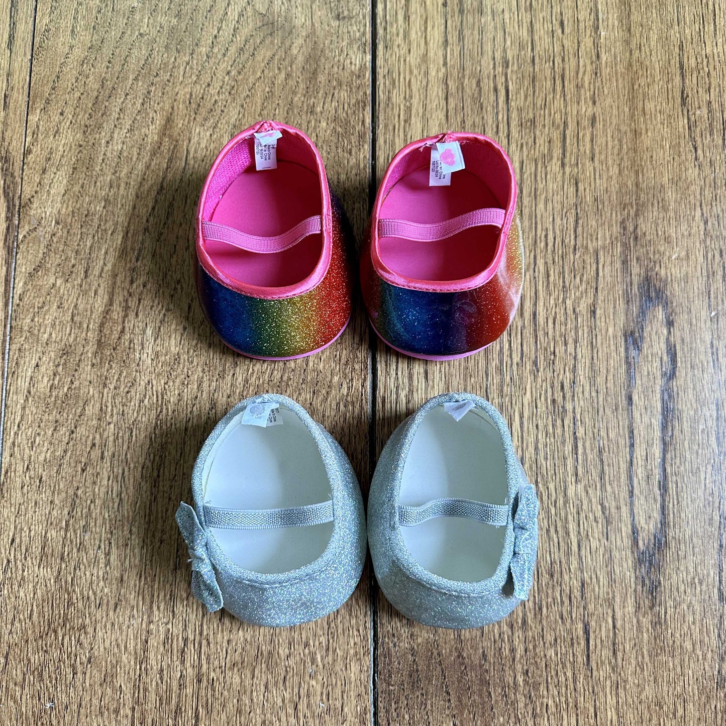 #95 Like New Build A Bear / Doll Rainbow and Silver Sparkly Shoes, set of 2