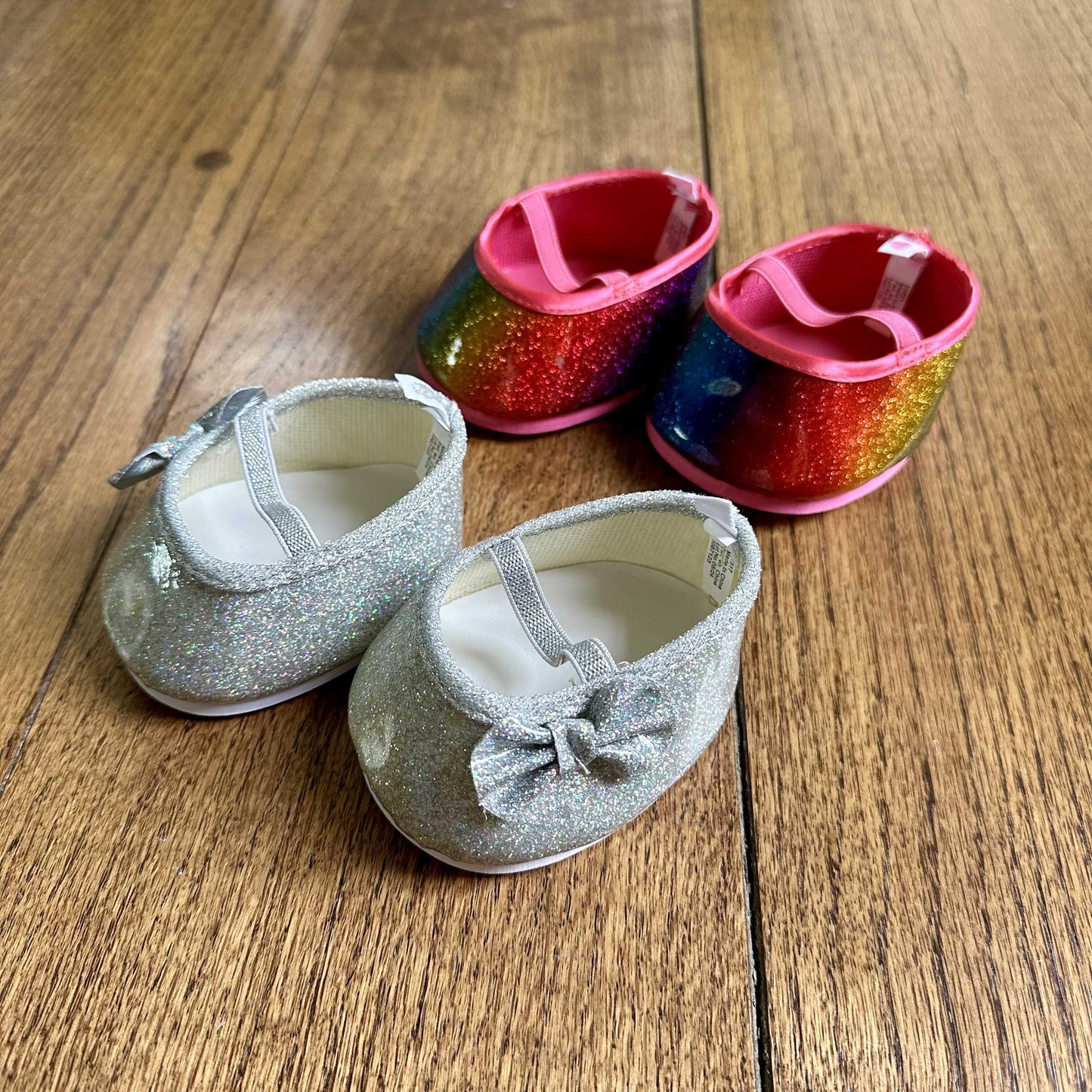 #95 Like New Build A Bear / Doll Rainbow and Silver Sparkly Shoes, set of 2