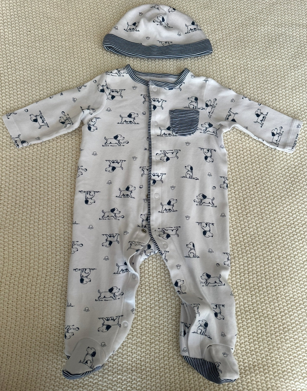 #93 Little Me Puppy Print Navy and White Footie Boys 6M