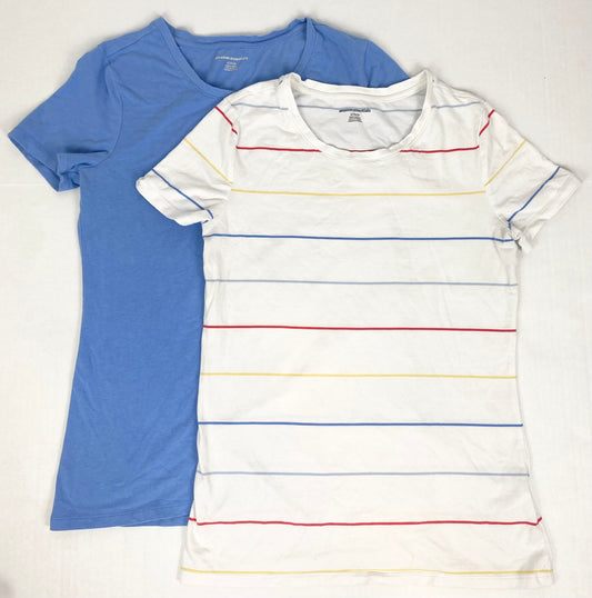 Women Small-Pair of Amazon Essentials Stretch Short slv tees blue & white with multi-color stripes