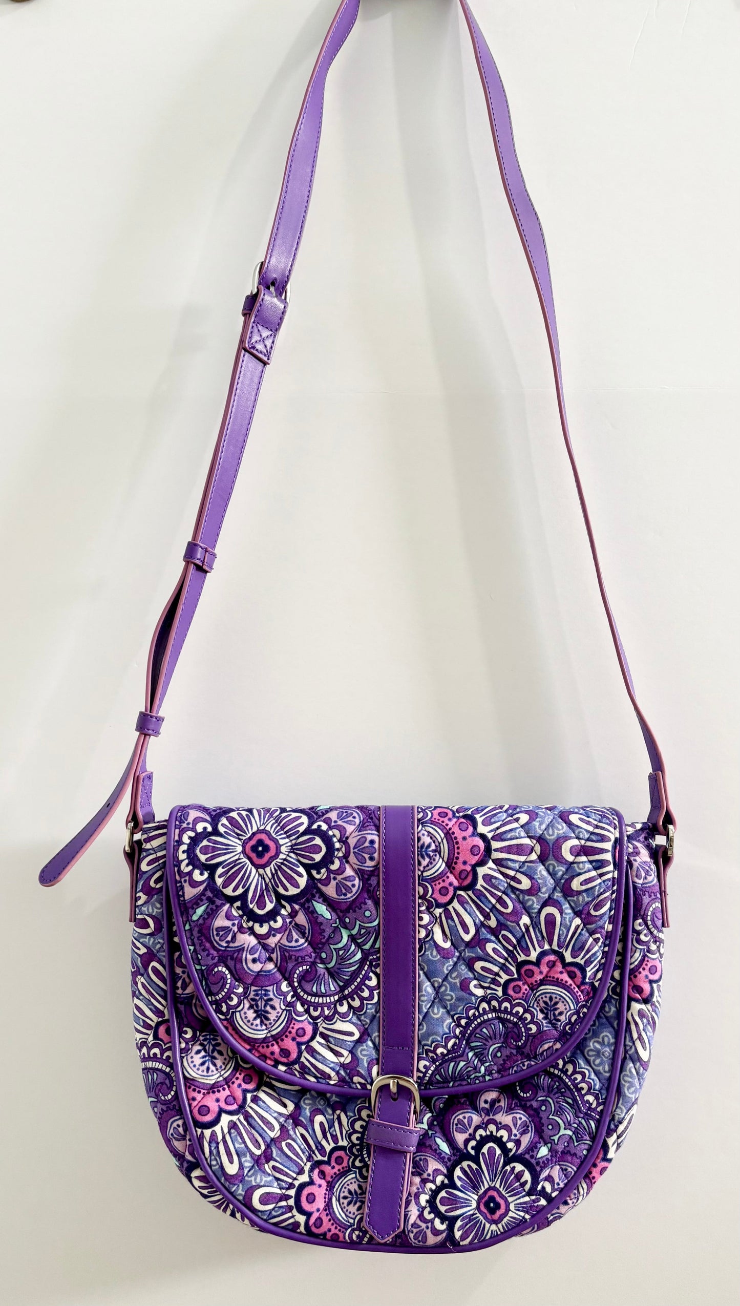 #132 - REDUCED - Vera Bradley: Women’s Slim Saddle Crossbody Bag in "Lilac Tapestry" Pattern - EUC