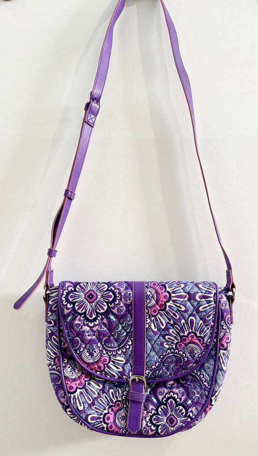 #132 - REDUCED - Vera Bradley: Women’s Slim Saddle Crossbody Bag in "Lilac Tapestry" Pattern - EUC
