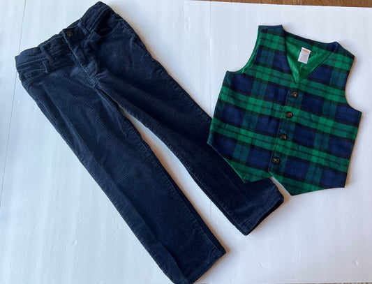 #180 Boys 7 Gymboree Holiday Plaid Set -navy and green twill vest and navy corduroy pants