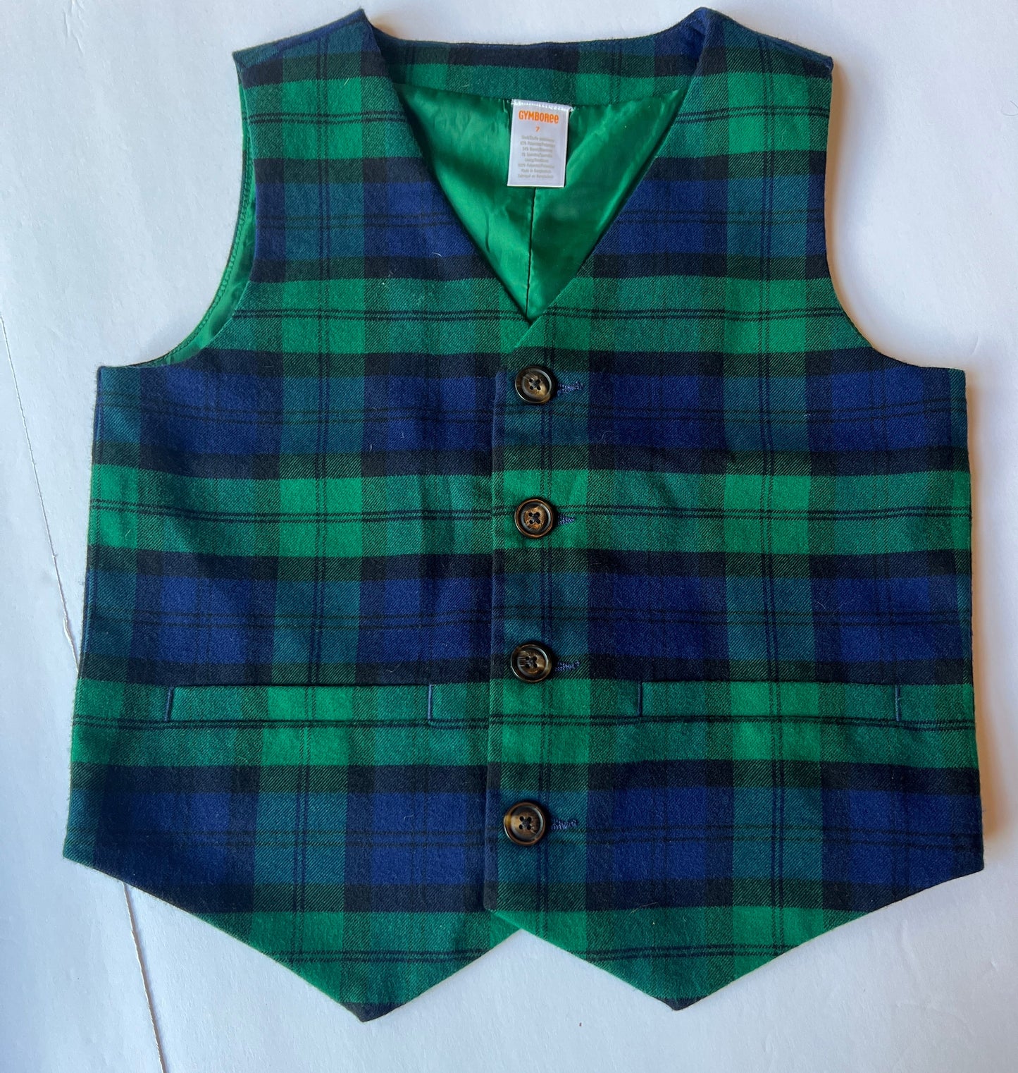 #180 Boys 7 Gymboree Holiday Plaid Set -navy and green twill vest and navy corduroy pants