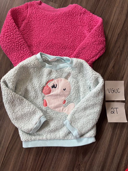 #138 - 2T VGUC (2) fuzzy sweatshirts (pink, Narwhal)