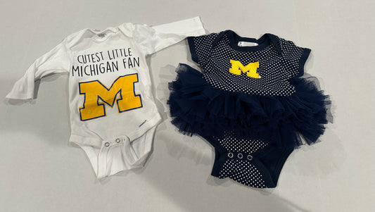 #160 set of 2 University of Michigan tutu onesie and long sleeve onesie - both fit like 3 months