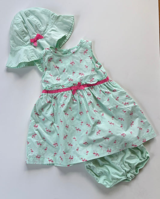Girls 6 month Carter's 2-Piece Flamingo Dress + Hat Mint Pink