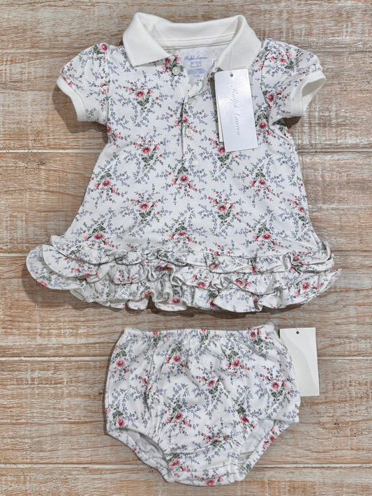 #108 Ralph Lauren Infant Girls Floral Ruffle Polo Dress & Bloomers Size 3M NWT