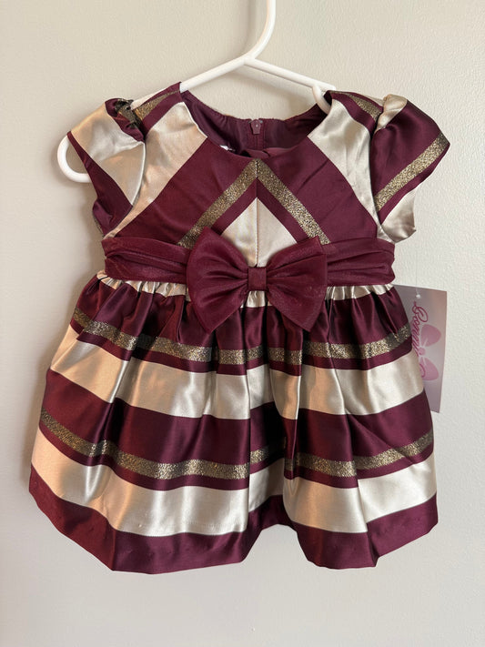 #173-*reduced*NWT maroon and gold striped dress size 3-6m