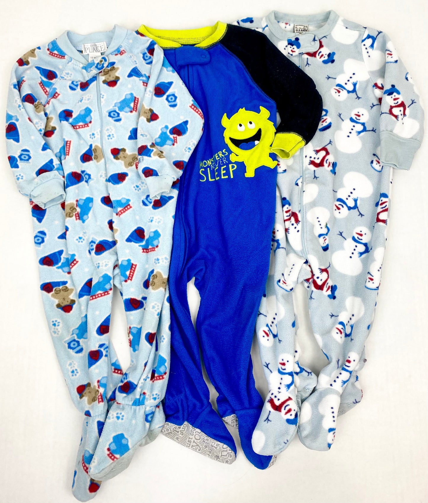 12 Months-Assorted Baby Brands-Footed Blue Fleece Zip Up Sleepers Bundle