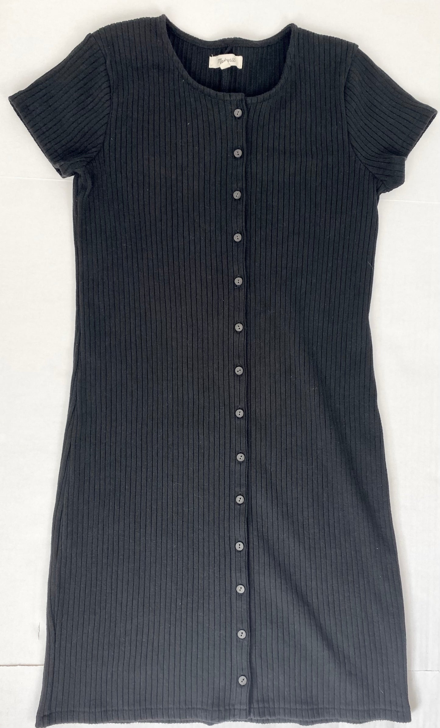 Women-Small Madewell Black Textured Stretch Rib Cotton 90's Style Dress Button Front
