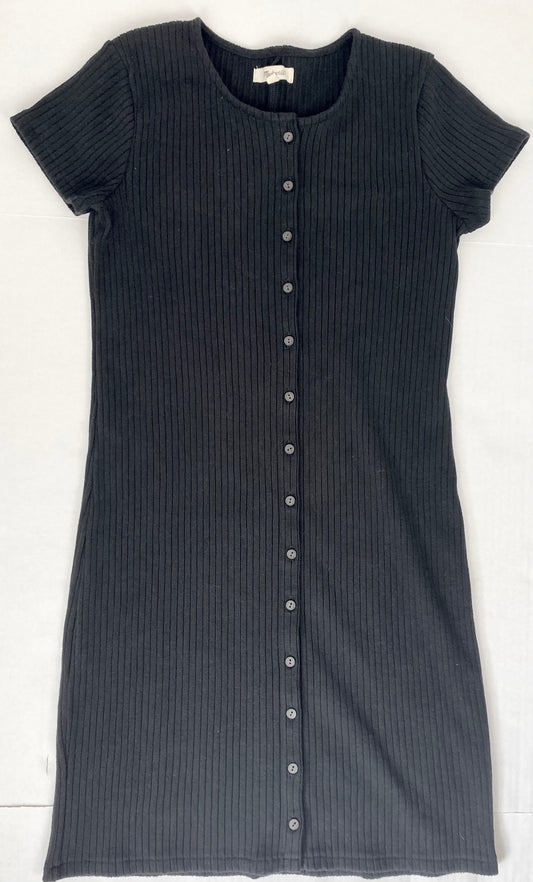 Women-Small Madewell Black Textured Stretch Rib Cotton 90's Style Dress Button Front