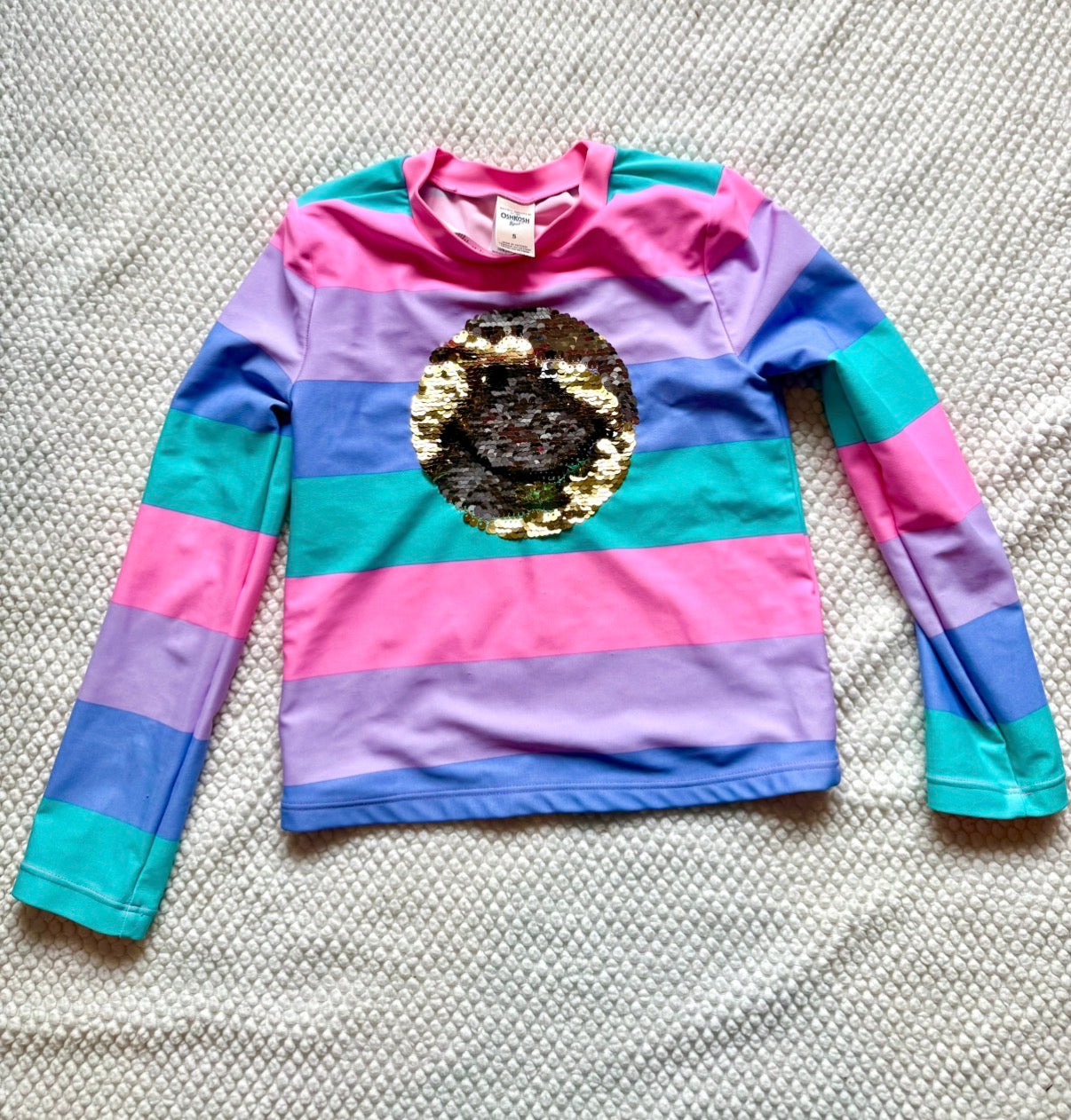 136 EUC Osh Kosh Swim shirt sz 5 with sequin smiley face