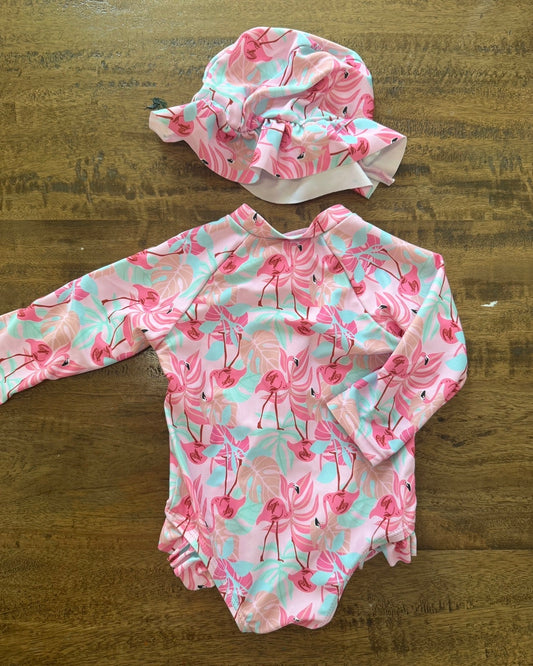Seller #8 REDUCED girls 3-6 month flamingo bathing suit set
