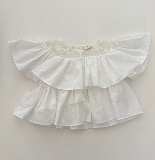 *reduced* #117, Girls 2T, Boutique white tiered ruffle & lace flowy top, VGUC
