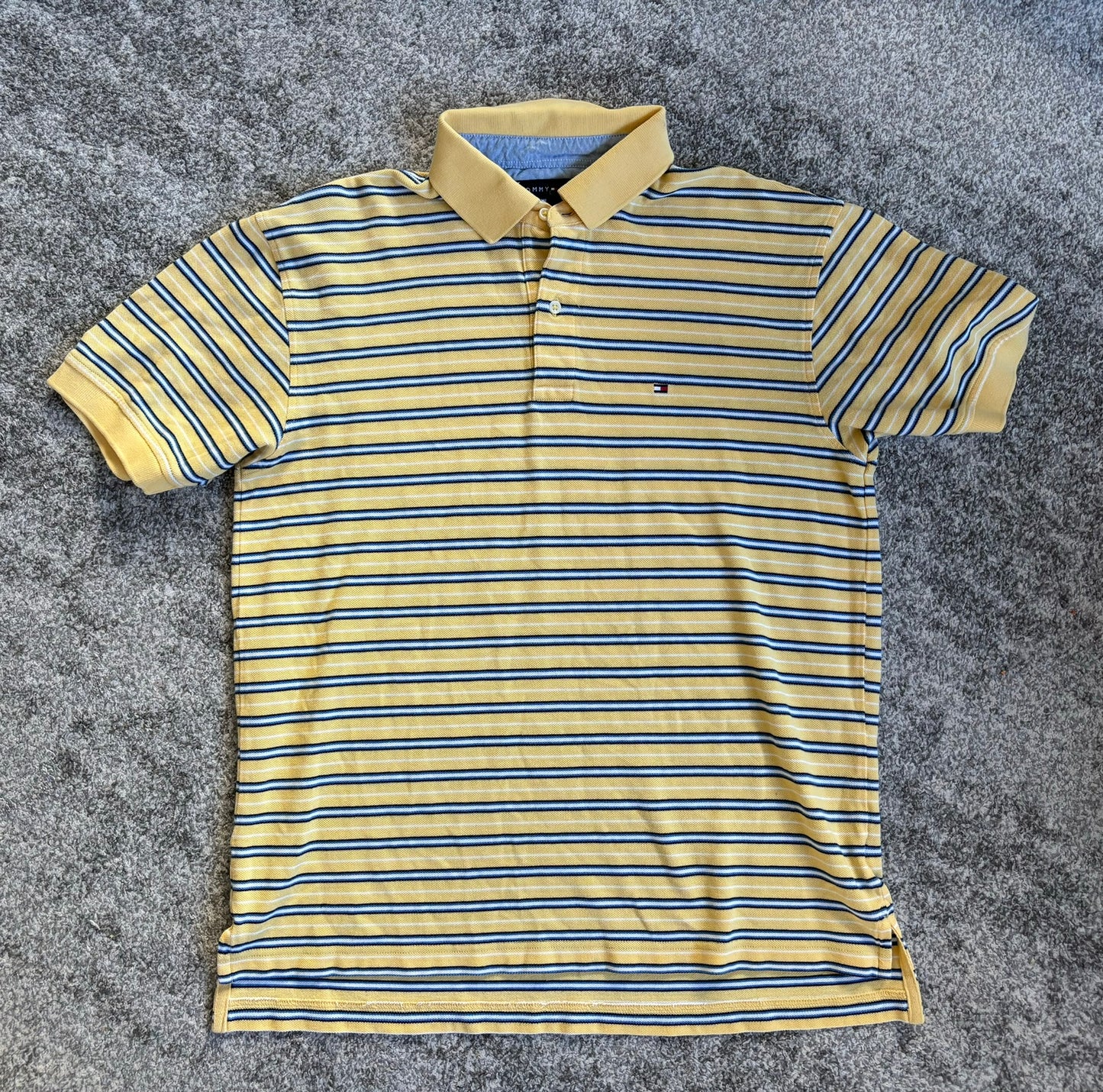 Men's Medium Tommy Hilfiger Short Sleeve Striped Polo Yellow Blue
