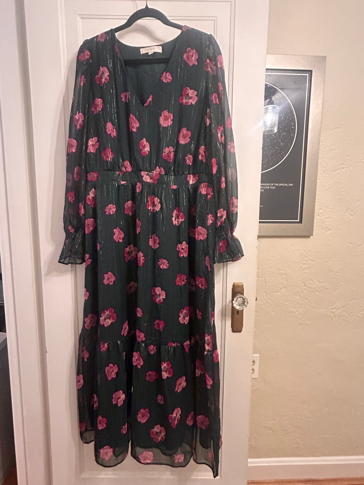 #56 LOFT size XL EUC dark green dress with pink flowers