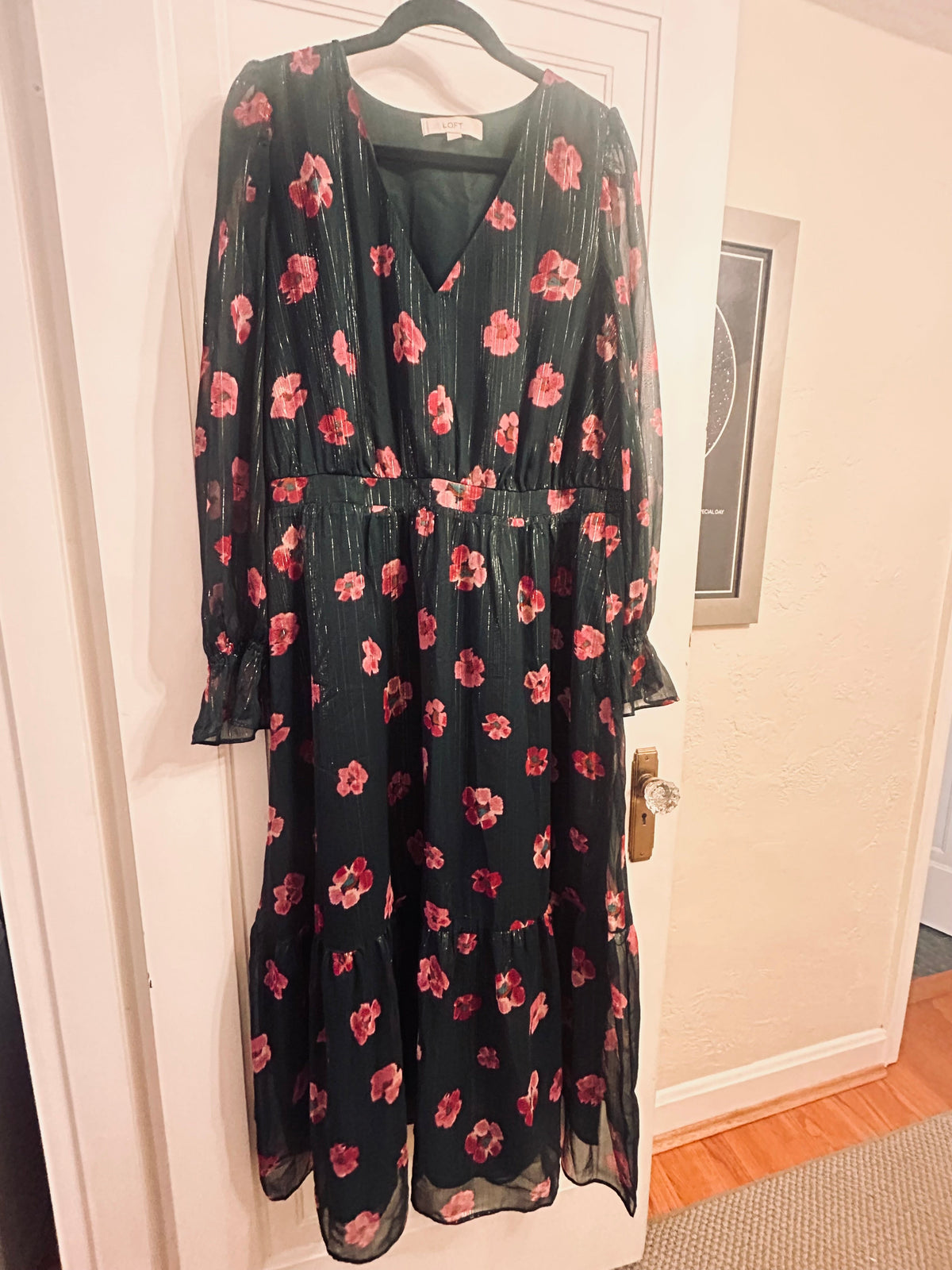 #56 LOFT size XL EUC dark green dress with pink flowers
