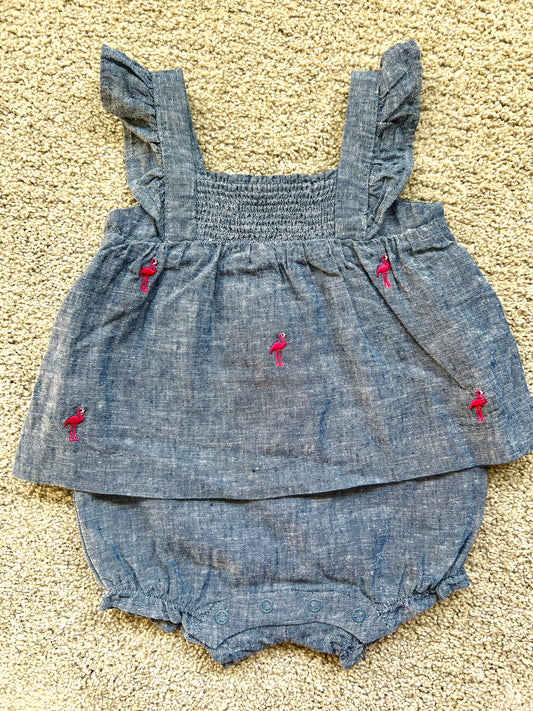 Girls Janie & Jack outfit with flamingos, 0-3 mo, VGUC