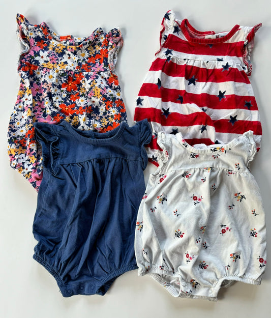 Girls 0-3 Month Old Navy Sleeveless Ruffle Shoulder One-Piece Bubble Romper Bundle - Floral Blue + Red + White