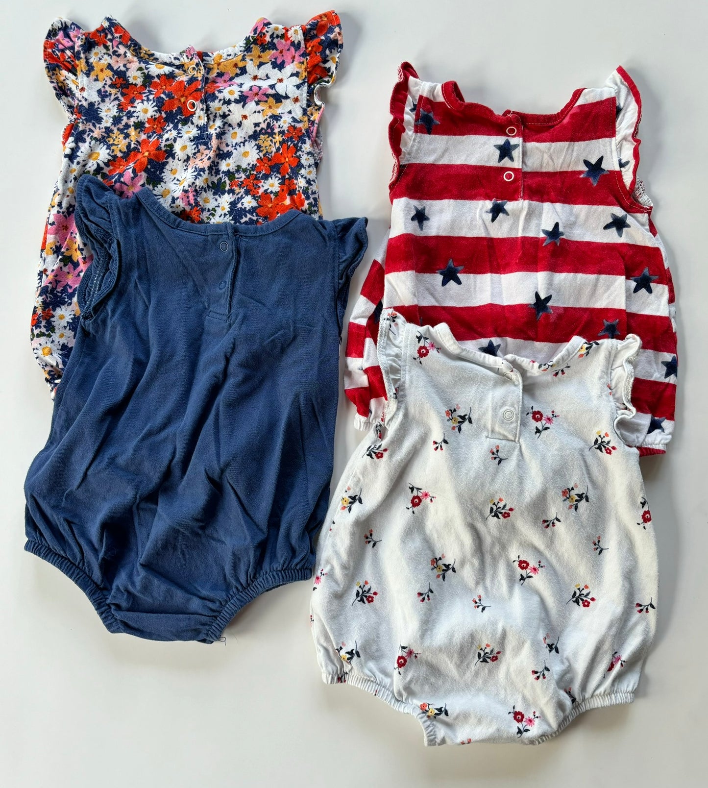 Girls 0-3 Month Old Navy Sleeveless Ruffle Shoulder One-Piece Bubble Romper Bundle - Floral Blue + Red + White