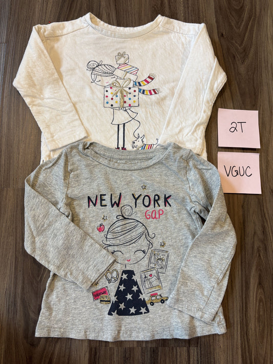 #138 - 2T VGUC (2) LS Shirts (Grey New York + White Presents)