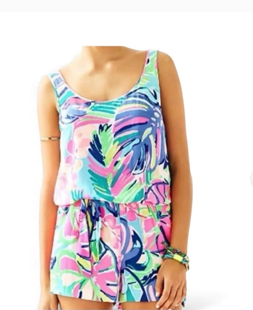 136 EUC size small women’s Lilly Pulitzer Rina One Piece Romper in the vibrant Exotic Garden floral print