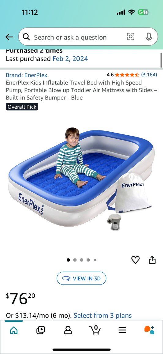 #160 Travel toddler air mattress with carrying bag Enerplex - requires an air pump/ inflator (not included)