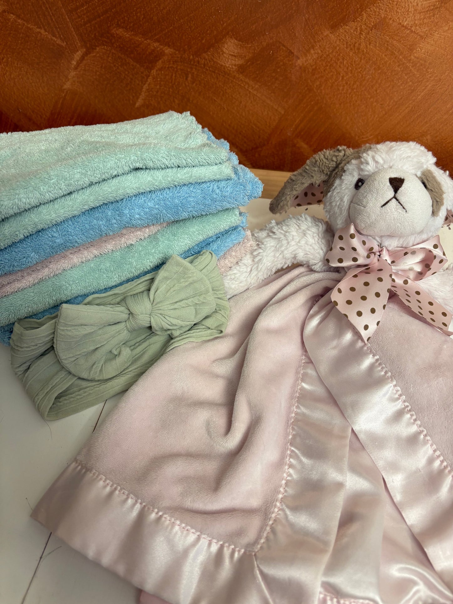 #35 REDUCED Puppy Lovie with hairbow and soft burp clothes