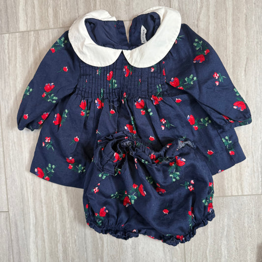 #110 Janie & Jack Girls Navy Floral Matching Dress & Bloomers 3-6 mo