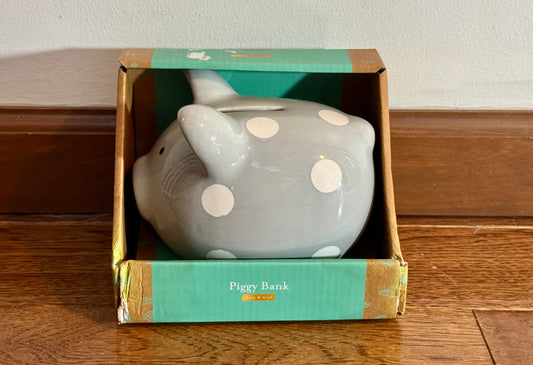 Seller #126 Gray and White Polka Dot Piggy Bank - REDUCED