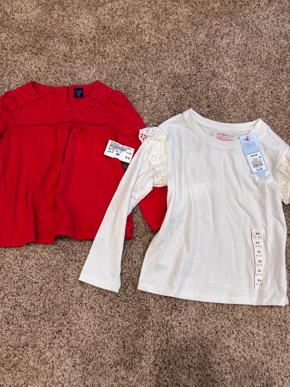 #47, girls 4T tops, gap, cat and jack white with ruffles-new with tag